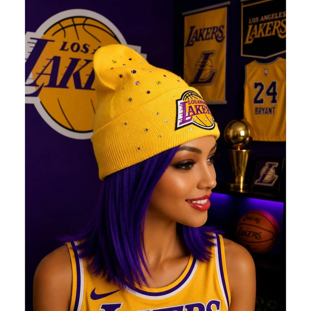 Los Angeles Lakes Yellow Beanie design with logo‎ and rhinestones